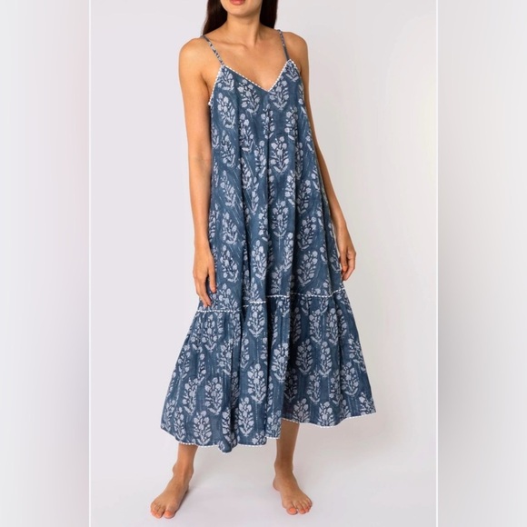 Juliet Dunn Long Swing Dress Midnight Small Flower Block Print Size Large NWOT - Picture 1 of 11